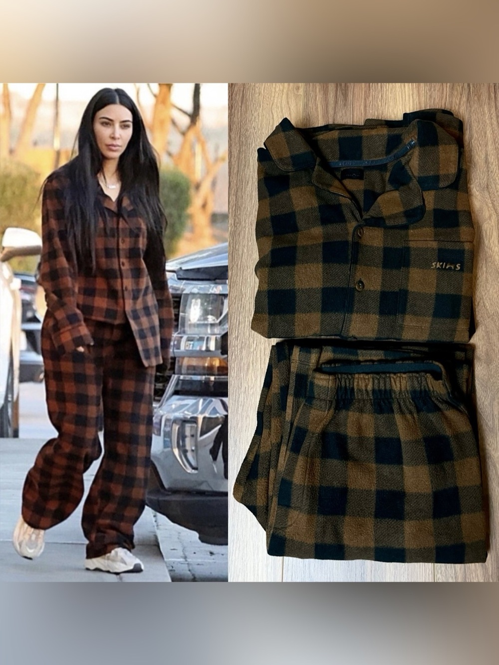 SKIMS Women's Cozy Fleece Lounge Set Pajamas Jasper Buffalo Check Size Med